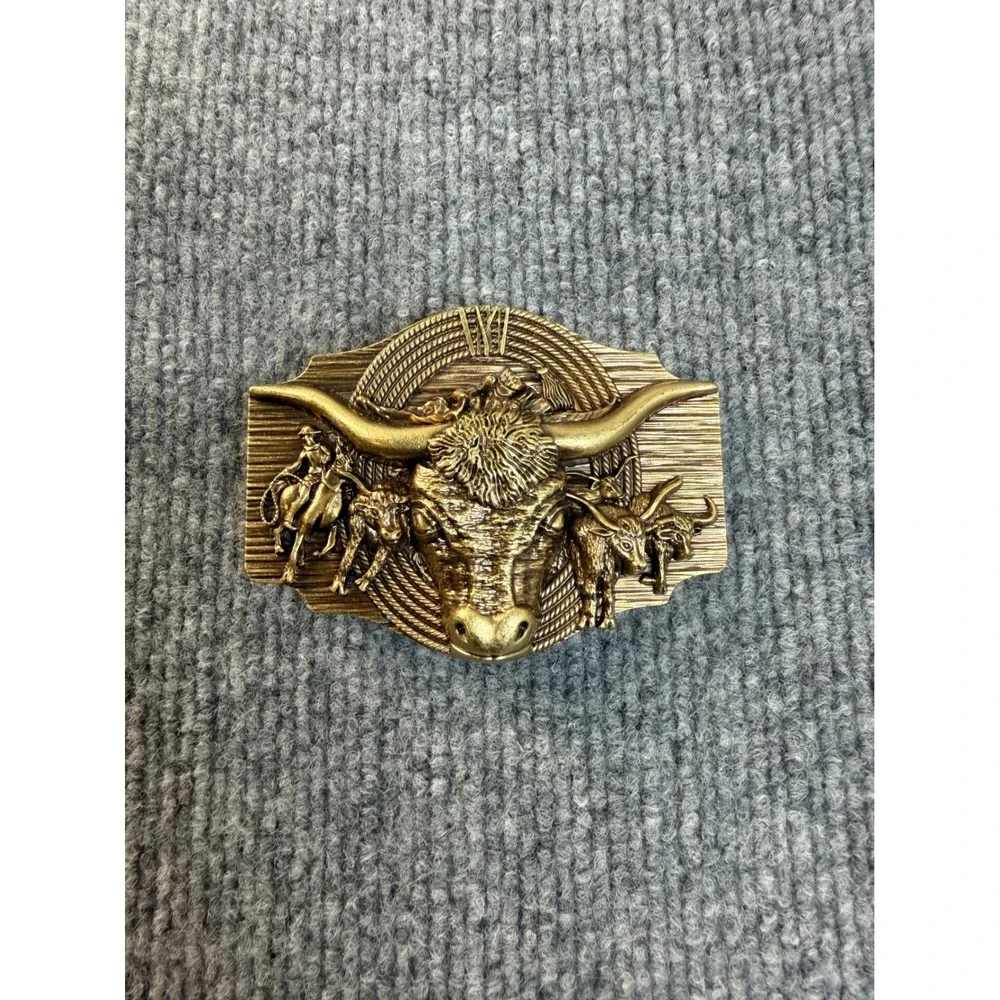 Vintage Western Longhorn Bull Cowboy Belt Buckle Gold Tone Metal Rodeo Biker Y2K